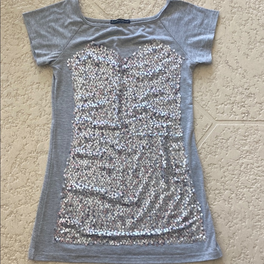 Gray Sequin Short Sleeve Tee   Fl